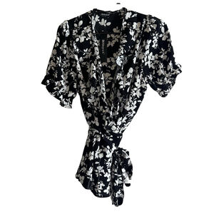 Allegra K Women's Floral V Neck Short Sleeves Peplum Blouse XL Black White